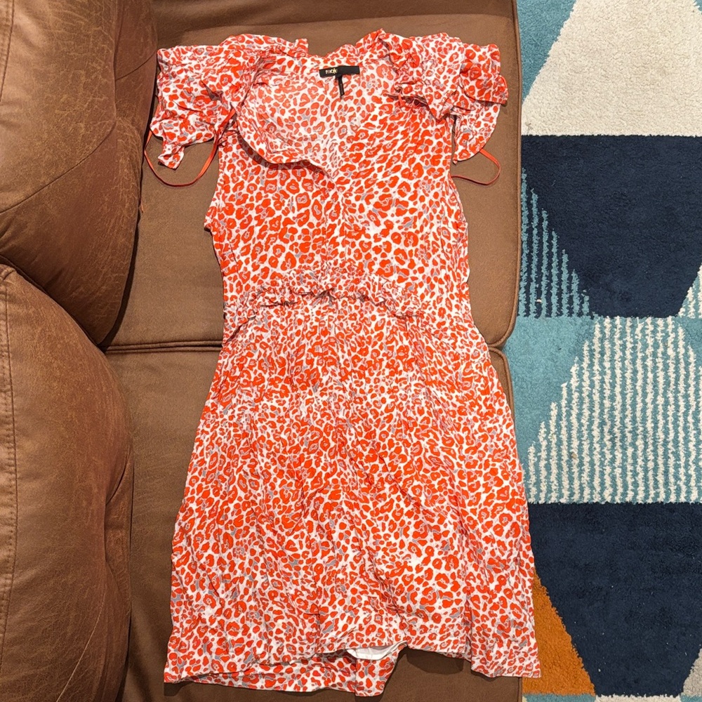 Maje Orange and White Leopard Print Midi Dress